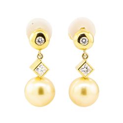 0.72 ctw Diamond and Pearl Earrings - 18KT Yellow Gold