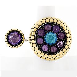 John Hardy Dot 18k Gold & Silver Amethyst & Blue Topaz Two Finger Statement Ring