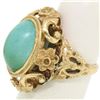 Image 2 : 14k Yellow Gold Etched Open Work Bezel Set Oval Cabochon Persian Turquoise Solit