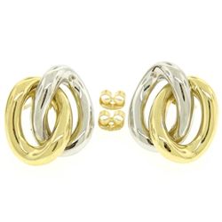 18K Two Tone Gold Stationary Dual Interlocking Oval Knot Stud Post Earrings 8.6g