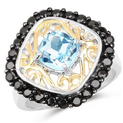 Two Tone Plated 2.85 Carat Genuine Swiss Blue Topaz and Black Spinel .925 Sterling Silver Ring (size