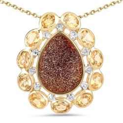 14K Yellow Gold Plated 5.14 Carat Genuine Red Droozi and Citrine .925 Sterling Silver Pendant