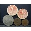Image 1 : Churchill Commemorative Crown, 2 Wooden Nickels, 1920 Canada Large Cent, Canada Bank token