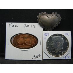 1969 S Proof Silver Kennedy  Half,  2014 FUN Token cent, and Heart Pendant
