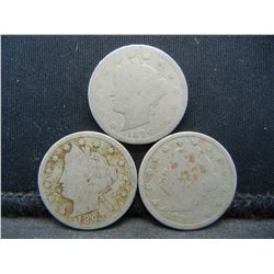 Three Liberty Nickels 1883 1890 1893