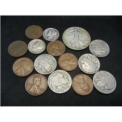 Grab Bag Lot - (3) 90% Silver Coins- Walking Liberty Half Dollar, Mercury Dimes, Buffalo Nickels, Wh
