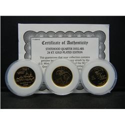 (3) Statehood Quarter Dollars in 24KT GOLD PLATED- Special Edition w/COA
