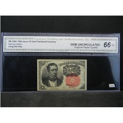 1874 10 cent fractional. GEM UNC 66 CHOICE. Long thin key, CGA graded