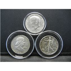 1942 Walking Liberty, 1958 Franklin, 1964 Kennedy Half Dollars