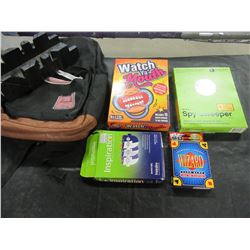 UNCLAIMED STORAGE - TOTE WITH BACKPACK, SPY SWEEPER, GAMES, BACK PACK, MITER BOX, ETC