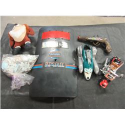 ESTATE - BOX WITH ASSORTED TOYS (GUNS, POLICE SHIELDS, ACTION FIGURES, ETC)