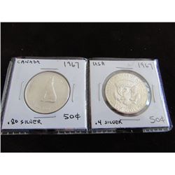 1867 - 1967 CANADA SILVER FIFTY CENT & 1967 USA SILVER FIFTY CENT PIECE