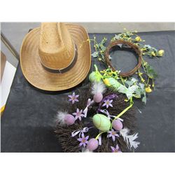 ESTATE - BOX WITH ASSORTED EASTER WREATHS & DECORATIONS, COWBOY HAT, ETC