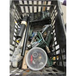 BASKET WITH TOOLS, TIE DOWN STRAPS, TENT PEGS, TOOLS, ETC