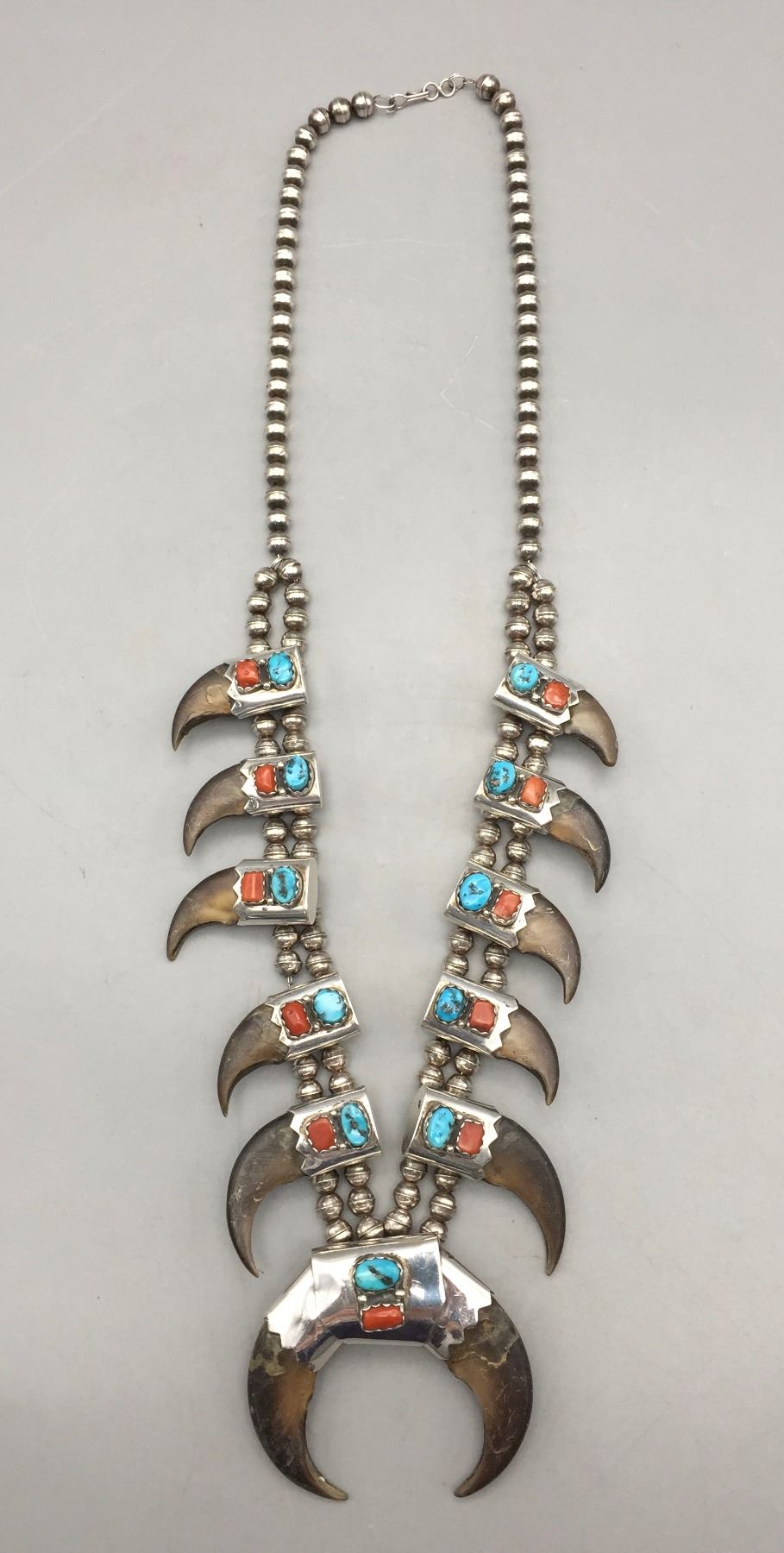 Vintage Turquoise, Coral and Bear Claw Squash Blossom Style Necklace