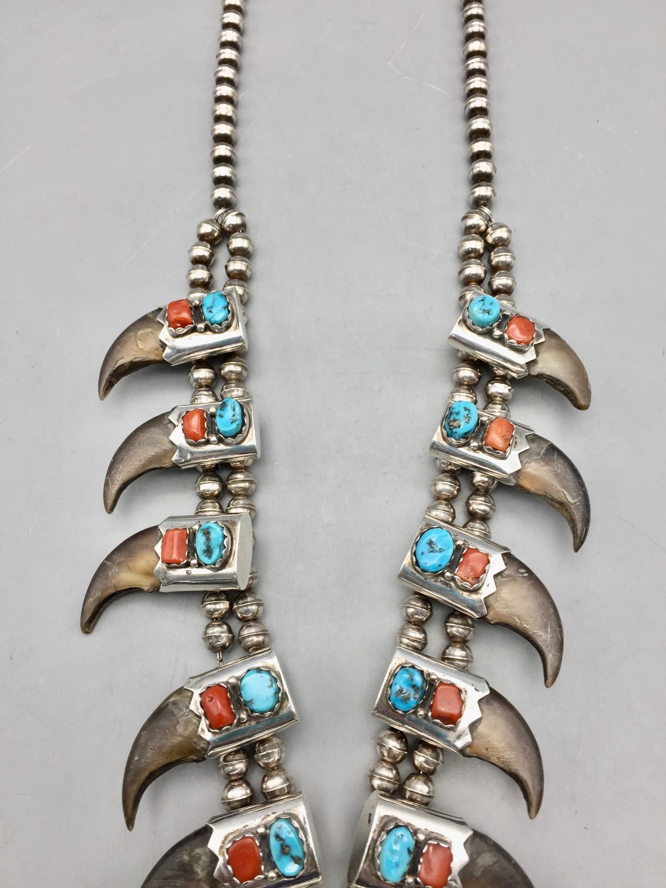 Vintage Turquoise, Coral and Bear Claw Squash Blossom Style Necklace