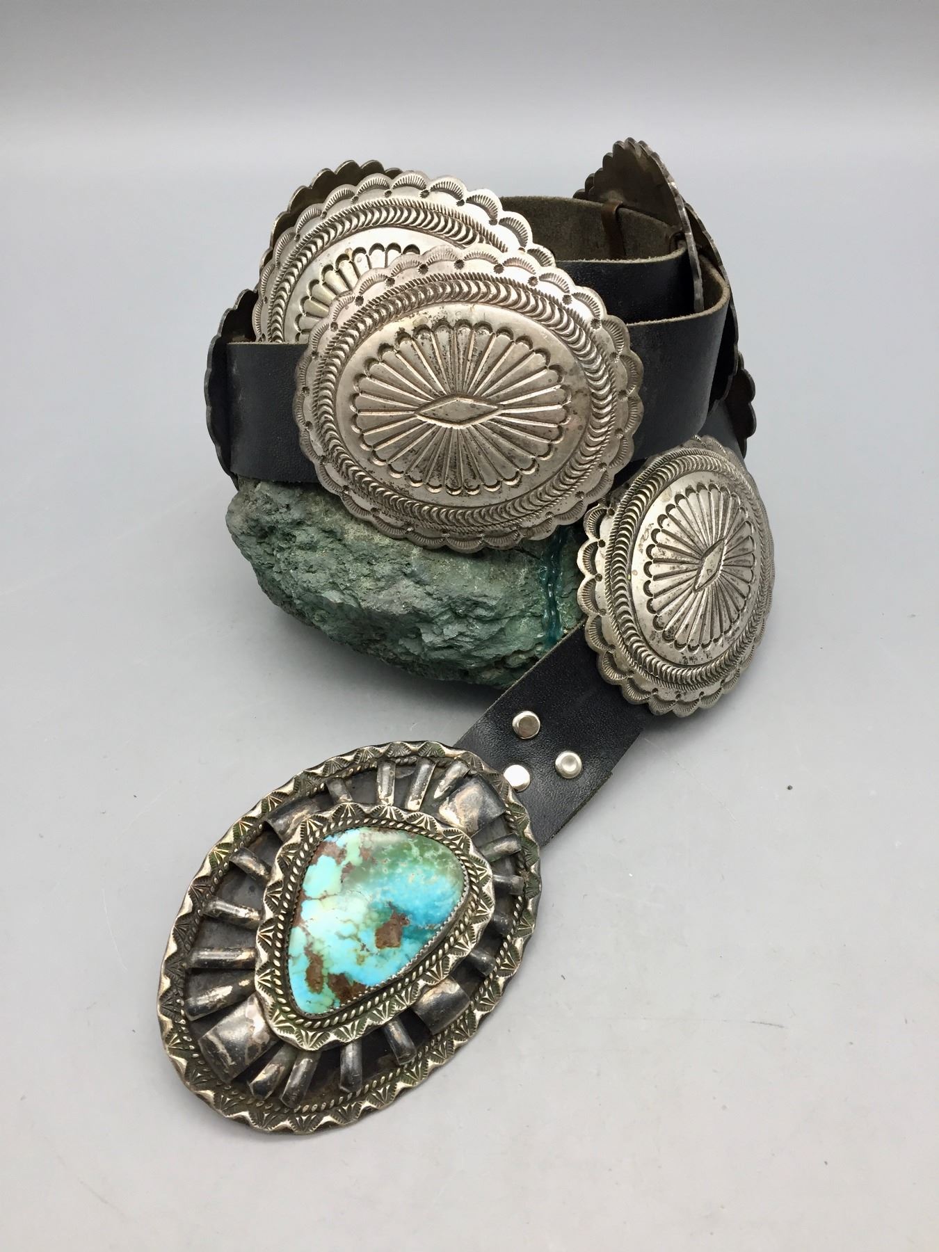 Sterling Silver Concho Belt with Large Turquoise Stone Belt Buckle