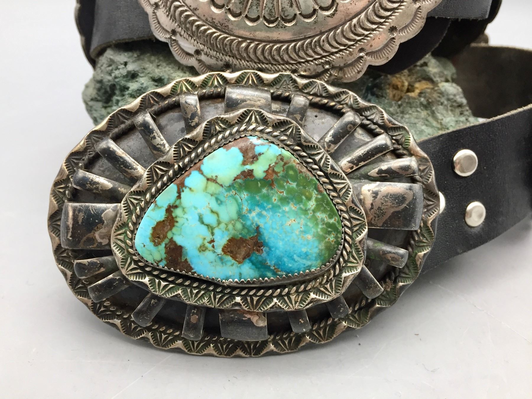 Sterling Silver Concho Belt with Large Turquoise Stone Belt Buckle
