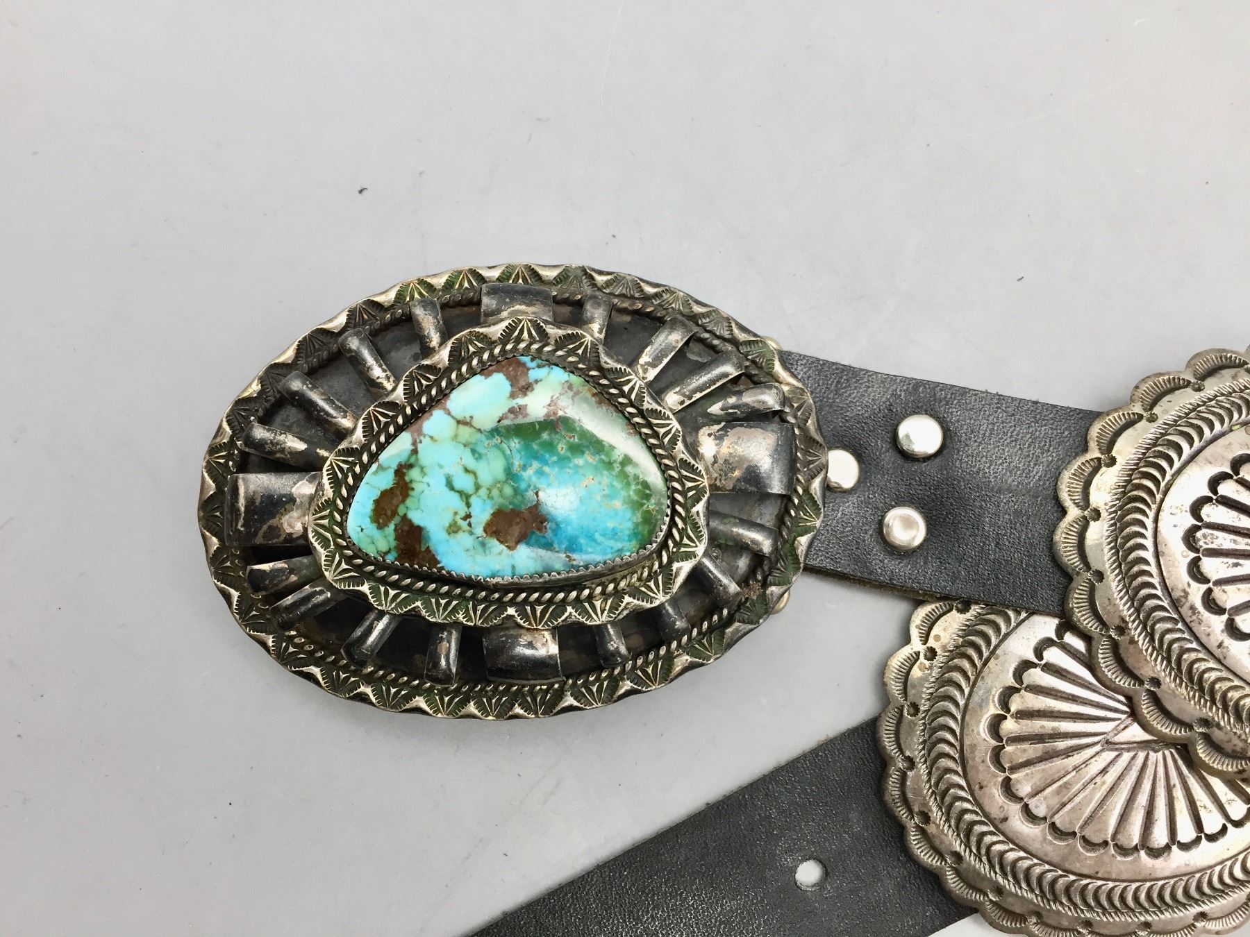 Sterling Silver Concho Belt with Large Turquoise Stone Belt Buckle