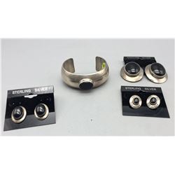 New Old Stock Onyx Bracelet with Three Pairs of Earrings