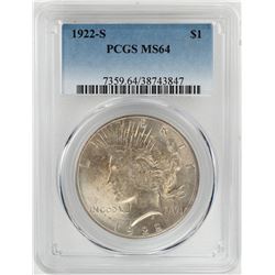 1922-S $1 Peace Silver Dollar Coin PCGS MS64