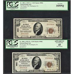 (2) Consec. 1929 $10 Washington, PA CH# 9901 National Currency Notes PCGS VF35PPQ/45
