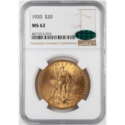 1920 $20 St. Gaudens Double Eagle Gold Coin NGC MS62 CAC