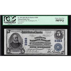 1902PB $5 Citizens NB of Washington, PA CH# 3383 National Currency Note PCGS AU58PPQ