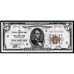 1929 $5 Federal Reserve Note Philadelphia