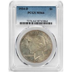 1934-D $1 Peace Silver Dollar Coin PCGS MS64