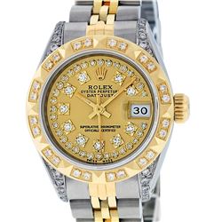 Rolex Ladies Two Tone 14K Champagne Diamond Lugs & Pyramid Datejust Wriswatch