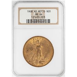 1908 No Motto $20 St. Gaudens Double Eagle Gold Coin NGC MS64