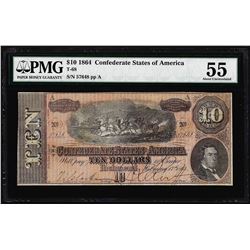 1864 $10 Confederate States of America Note T-68 PMG About Uncirculated 55