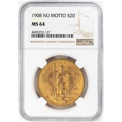1908 No Motto $20 St. Gaudens Double Eagle Gold Coin NGC MS64