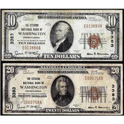 Lot of 1929 $10/20 Citizens NB Washington, PA CH# 3383 National Currency Notes