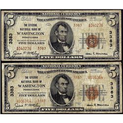 Lot of 1929 Type 2 $5 Citizens NB of Washington, PA CH# 3383 National Currency Notes