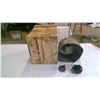 Image 4 : 3 METAL FUNNELS &WOODEN BOX