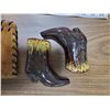 Image 2 : TWO GLASS COWBOY BOOTS & HANDMADE LEATHER POUCH