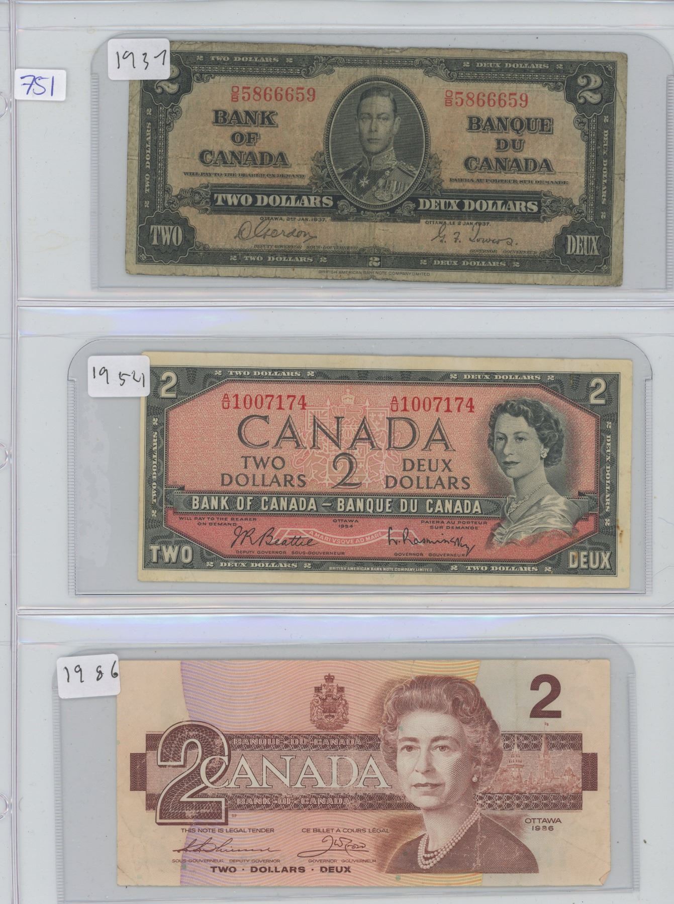 3 Canadian $2 bills - 1937 , 1954 , 1986