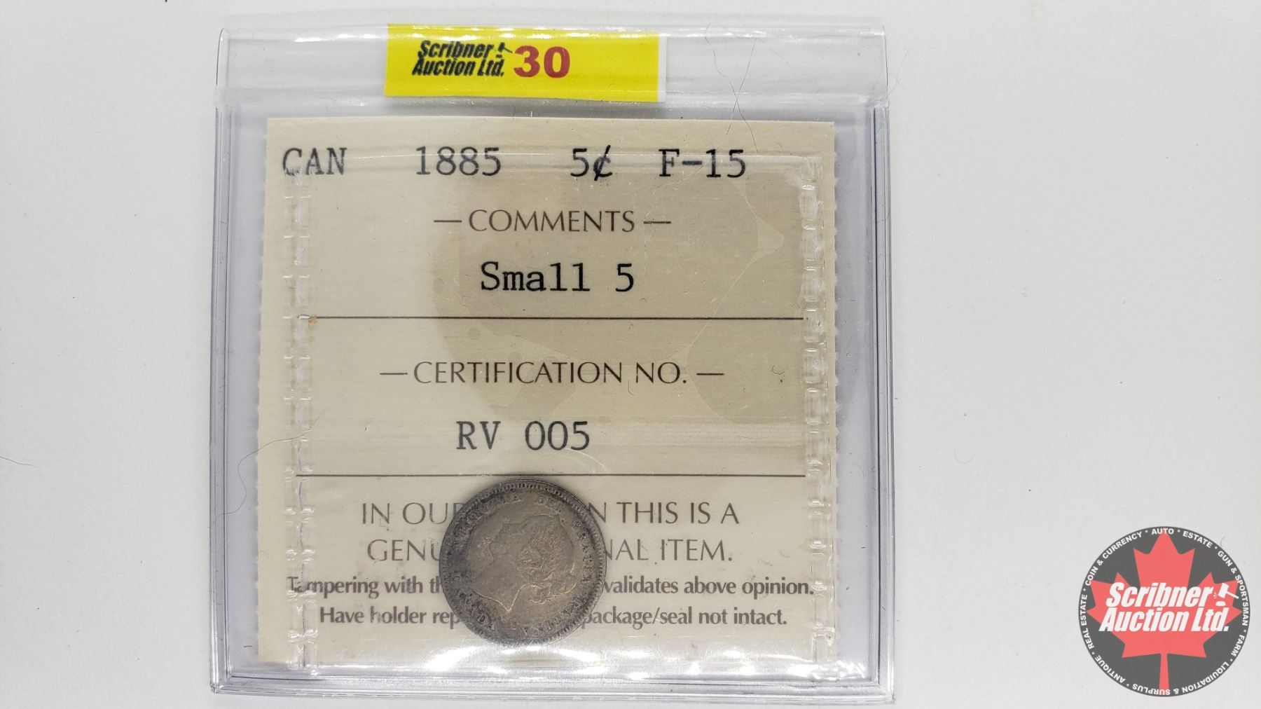 Canada Five Cent 1885 (Small 5 ICCS Cert F15)