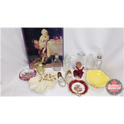 Box Lot : Repro Van Houten's Tin Sign, Baby Powder, Baby Bottles, Mini Moccasins, Doll, Variety Dish