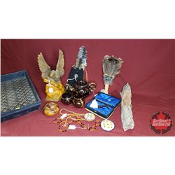 Tray Lot : Wooden Eagle Carving, Wood Face Carving, Feathers, Bead Necklaces, Wooden Bowl, Eagle Pip