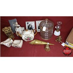 Tray Lot: Brass Ornaments, Mini Coal Oil Lamp, Brass Matchbox Holder, Brass Matchstick Holder, Silho