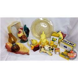 Box Lot - Yellow Theme : Dishes, Ornaments, Rooster, Lamp, Teapot, Matchbox Holder, etc