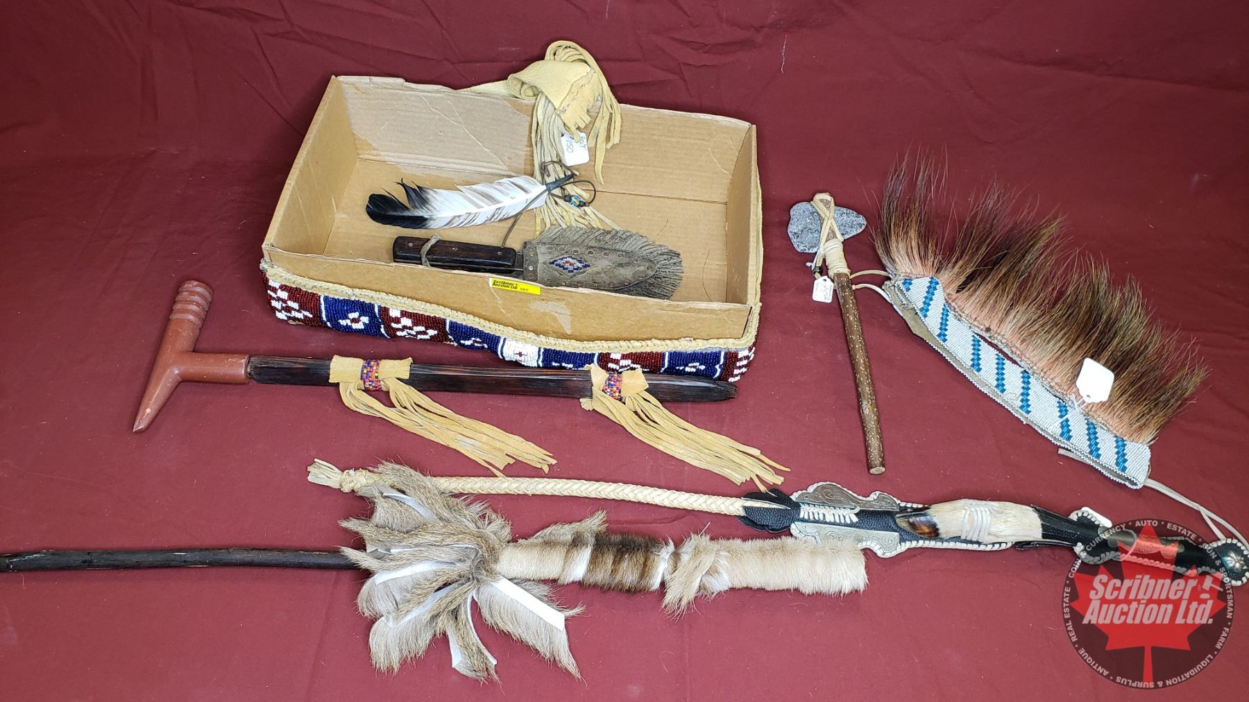 Native Works Box Lot Native Works Collector Combo: Beaded Belt, Knife, Quirt ...