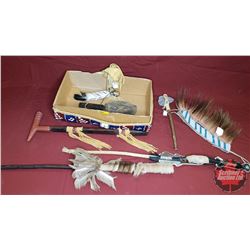 Box Lot Native Works Collector Combo: Beaded Belt, Knife, Quirt, Tomahawk, Peace Pipe, Head Dress, e
