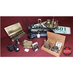 Tray Lot : Libra Weigh Scale, SK Lic Plates, Binos, Desktop Cigarette Box, Brass Toothpick Dispenser