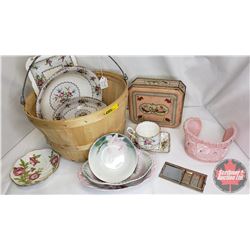 Basket Lot : Royal Albert "Petit Point" (Serving Bowl, Sandwich Tray, Oval Tray, Bonbon Dish, Tea Cu