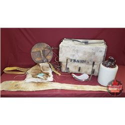 Saddle Pack Box, Wooden Crock Lid, Conifer Trap, Shoulder Crock Jug, Deer Skin Scabbard, etc