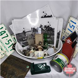 Enamel Oval Basin w/Contents (Lic Plates, Lighters, Shaving Mug, Brush, Sask Match Box Holder, Lamin